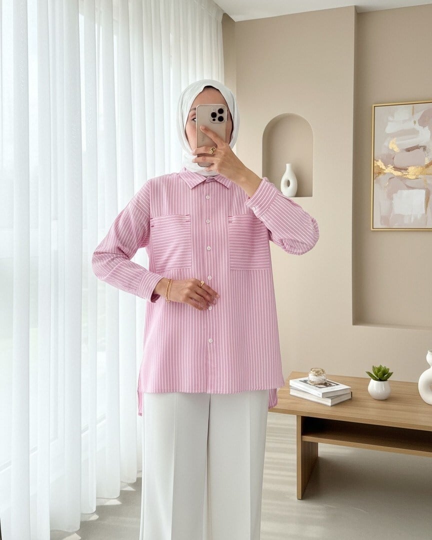 Puntalı Çizgili Gömlek -Pembe