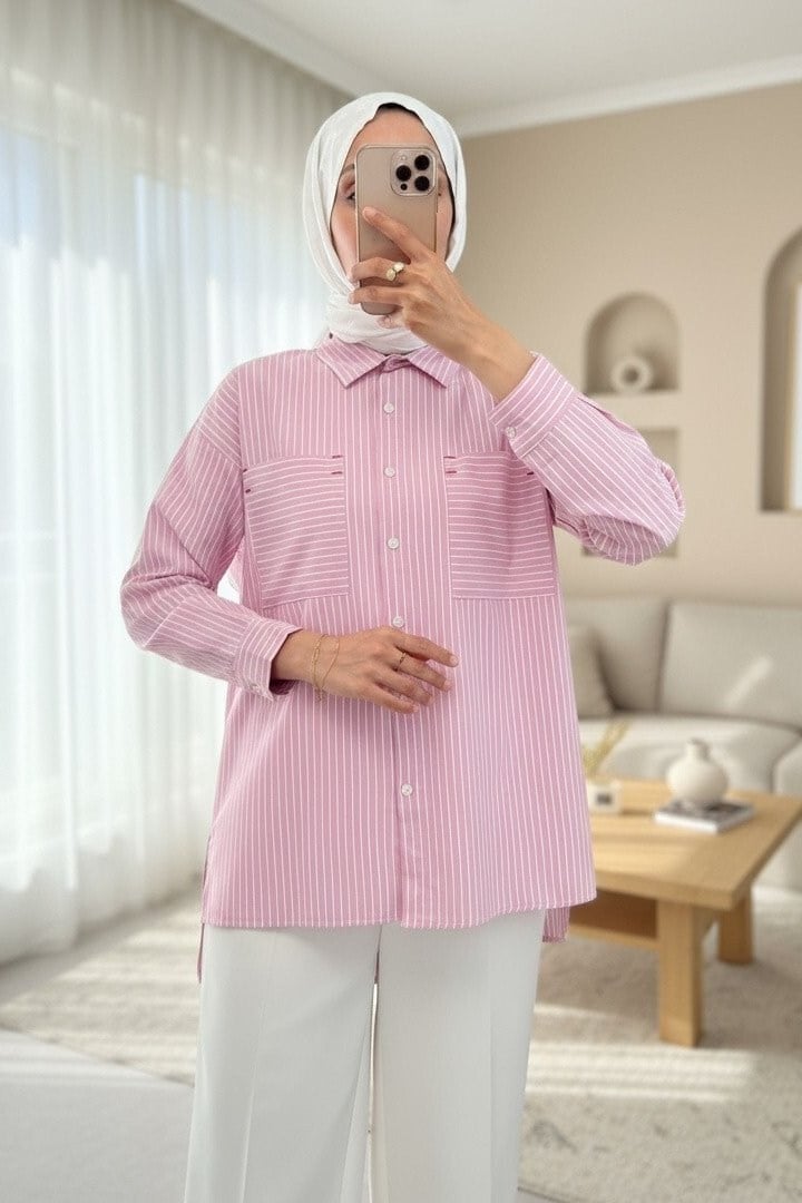 Puntalı Çizgili Gömlek -Pembe