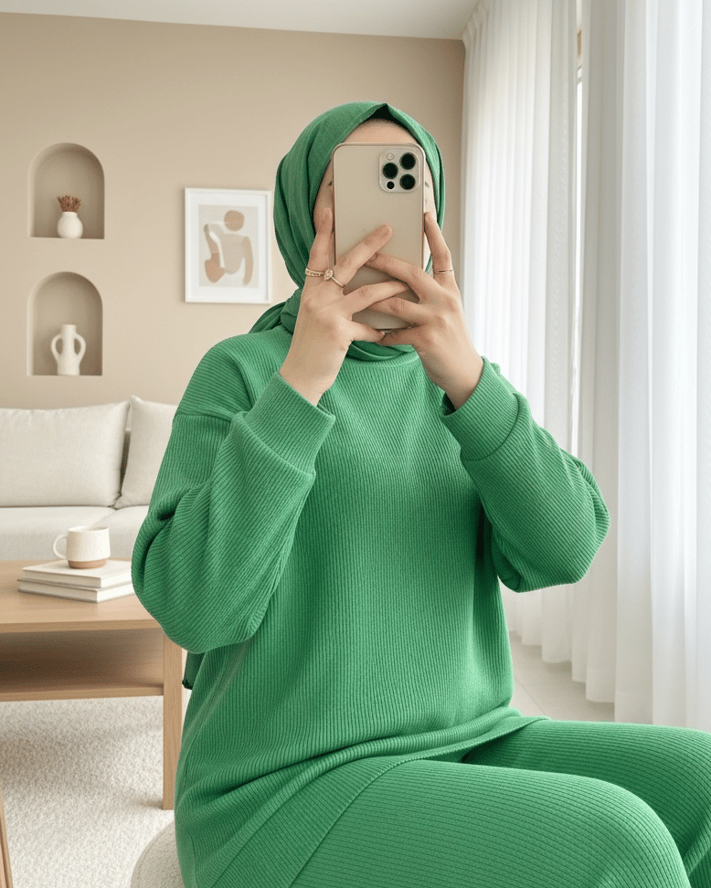 Renkli Kolye Detaylı Bisiklet Yaka İkili Takım -Yeşil