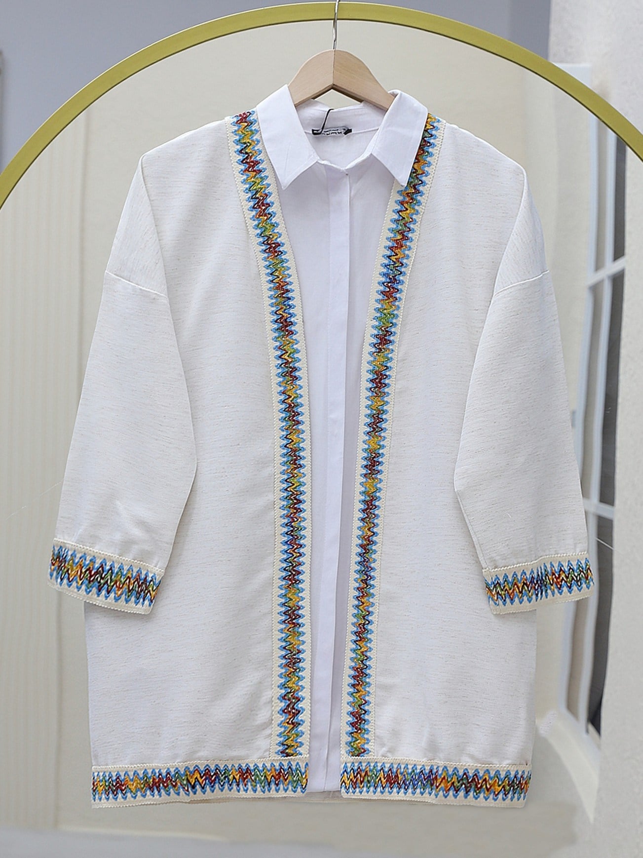 Renkli Şerit Detaylı Keten Görünümlü Kimono -Taş rengi