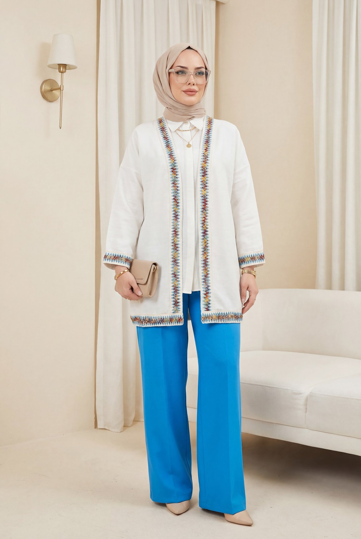 Renkli Şerit Detaylı Keten Görünümlü Kimono -Taş rengi