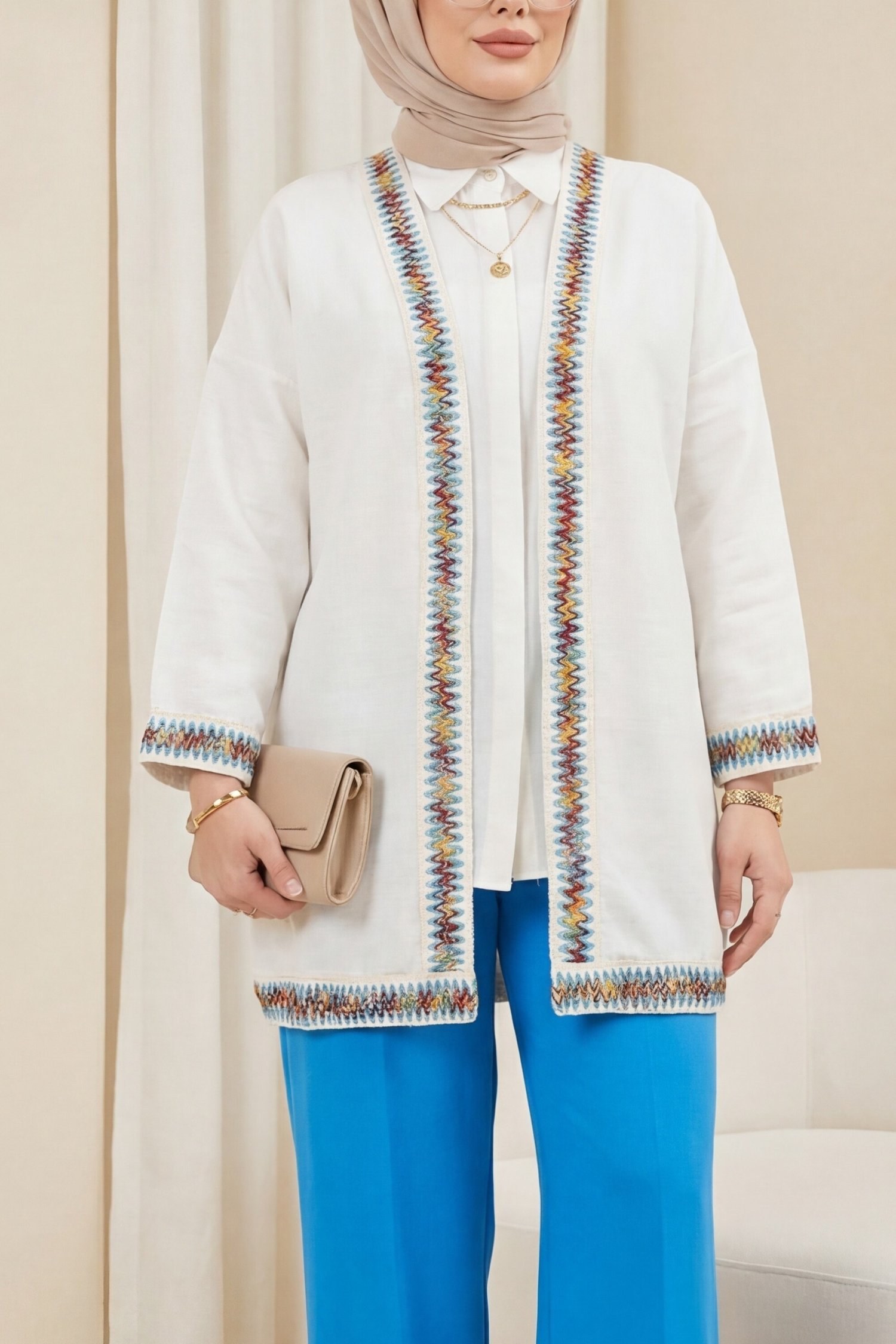 Renkli Şerit Detaylı Keten Görünümlü Kimono -Taş rengi