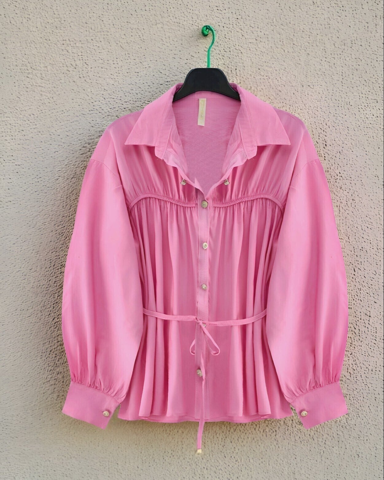 Robadan Büzgülü Beli Bağcıklı Gömlek -Pembe