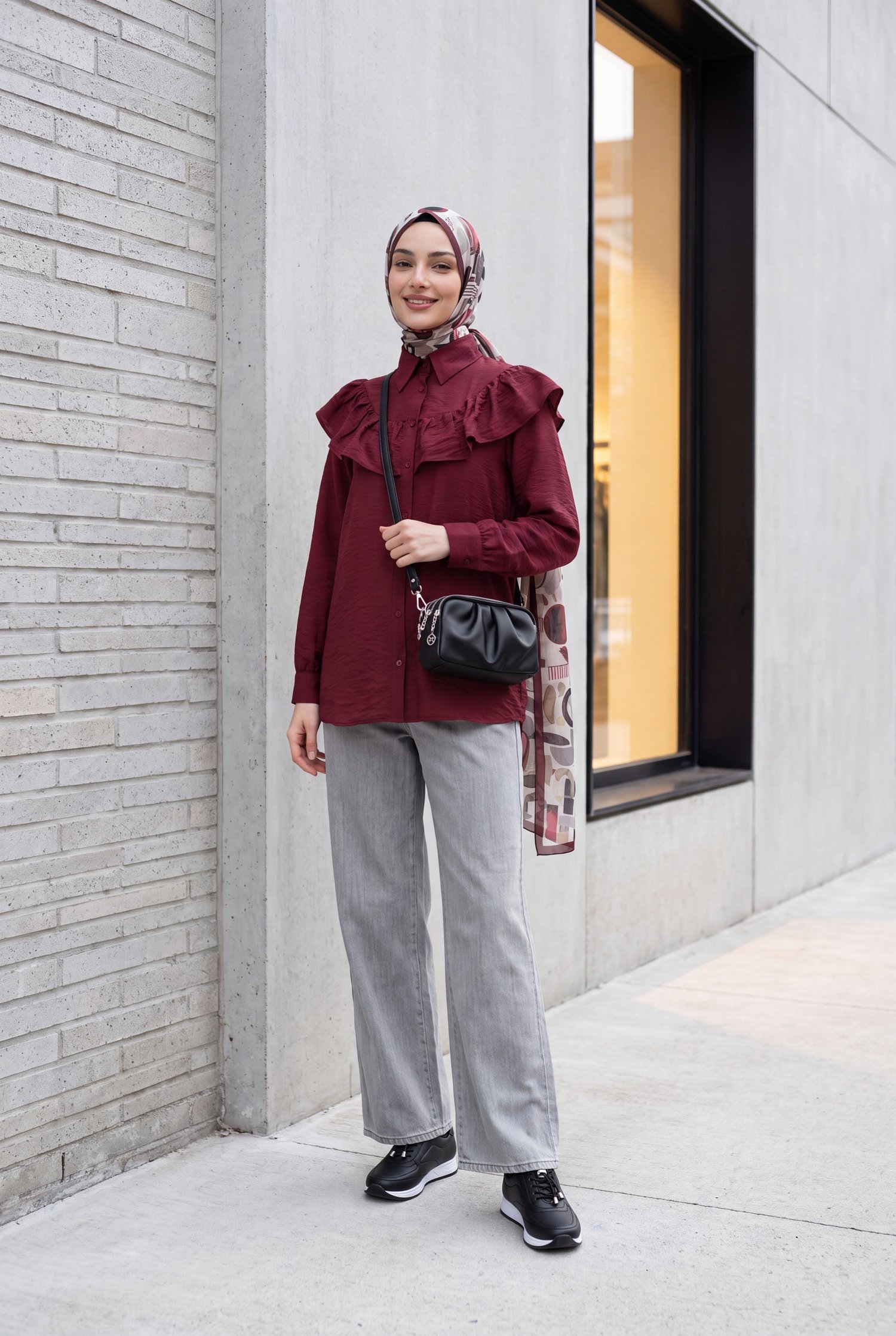 Robadan Fırfırlı Düğmeli Rayon Tunik -Bordo
