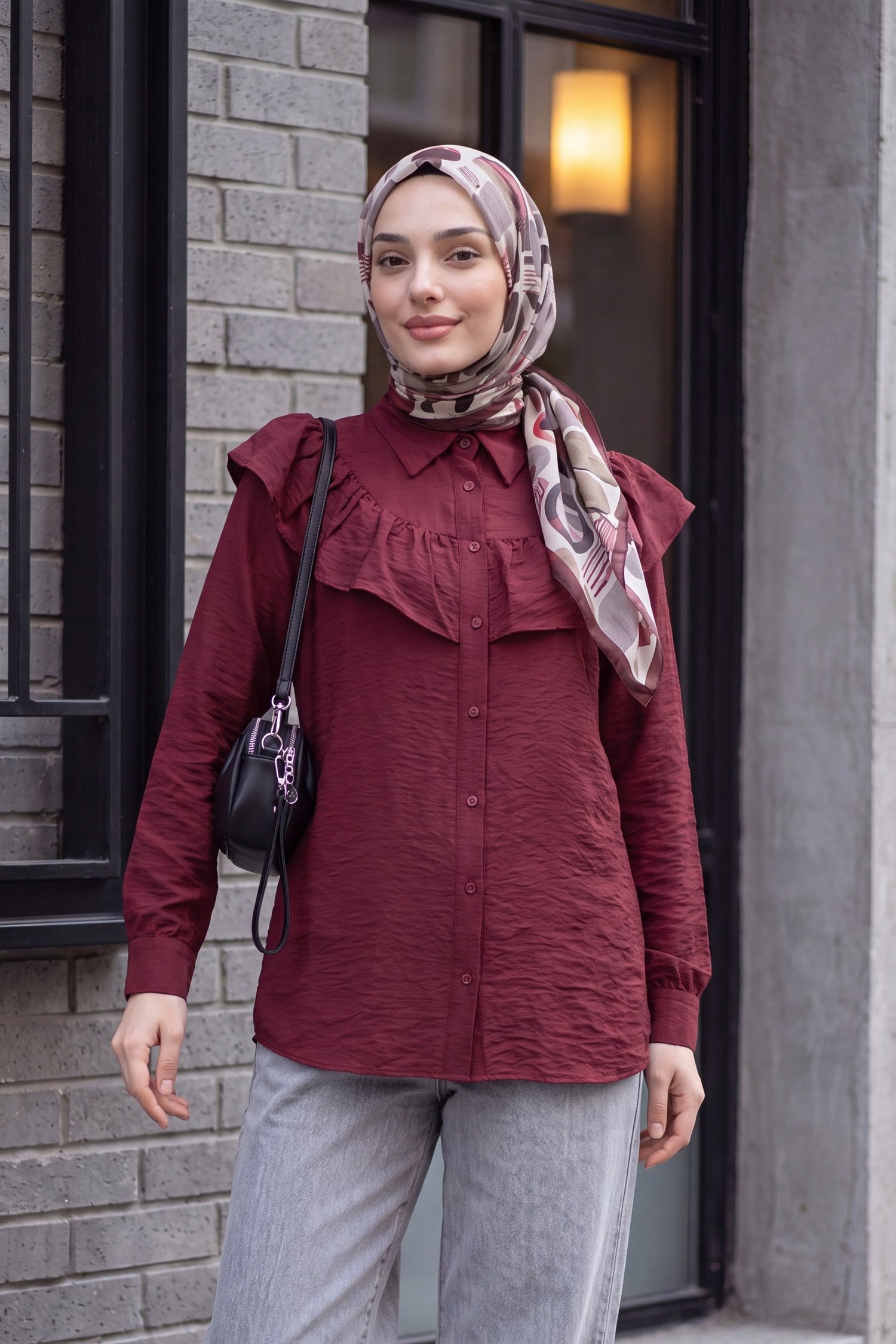 Robadan Fırfırlı Düğmeli Rayon Tunik -Bordo