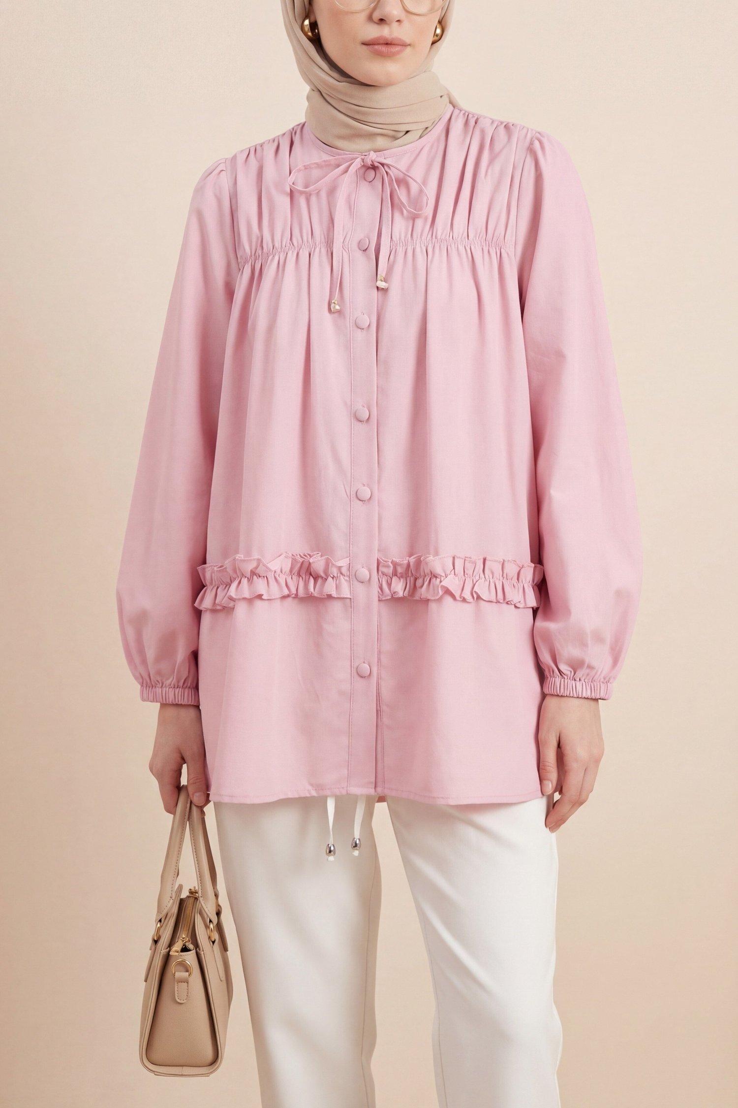 Robadan Lastikli Eteği Fırfırlı Düğmeli Poplin Tunik -Pembe