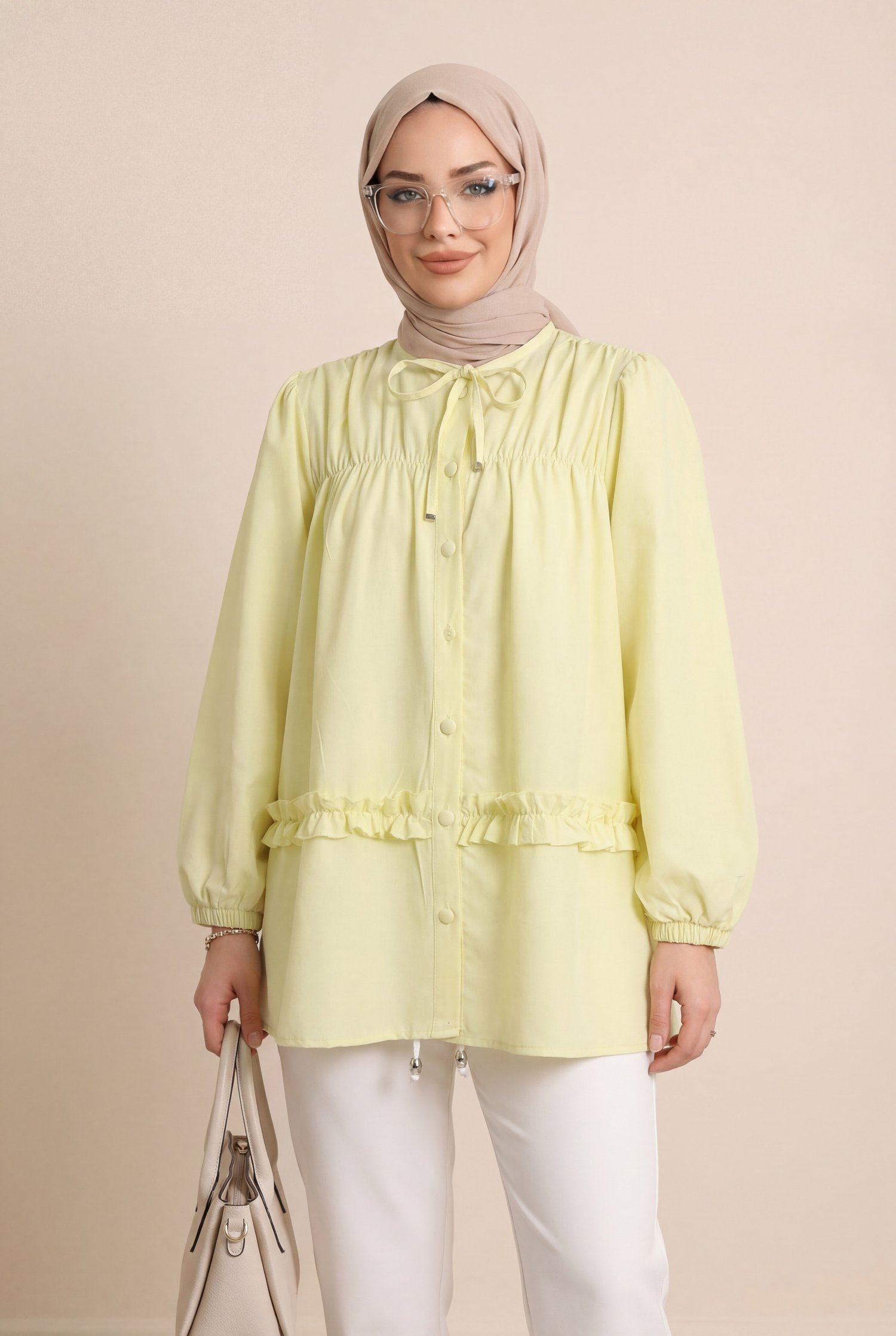 Robadan Lastikli Eteği Fırfırlı Düğmeli Poplin Tunik -Sarı