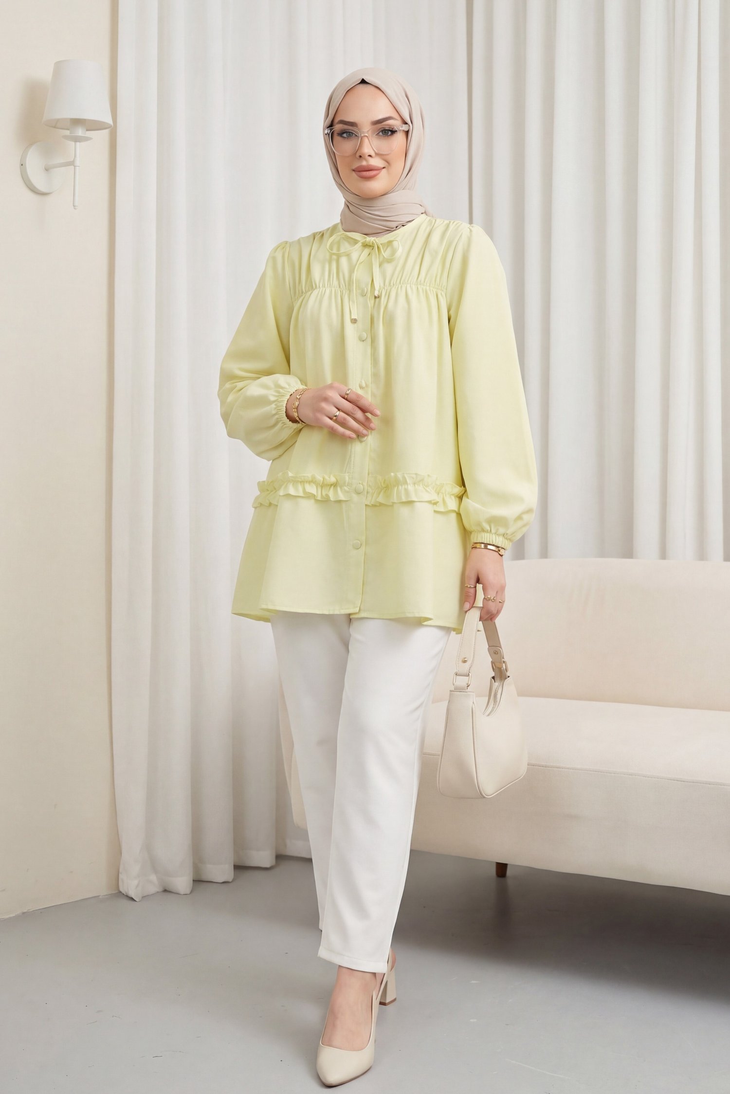 Robadan Lastikli Eteği Fırfırlı Düğmeli Poplin Tunik -Sarı