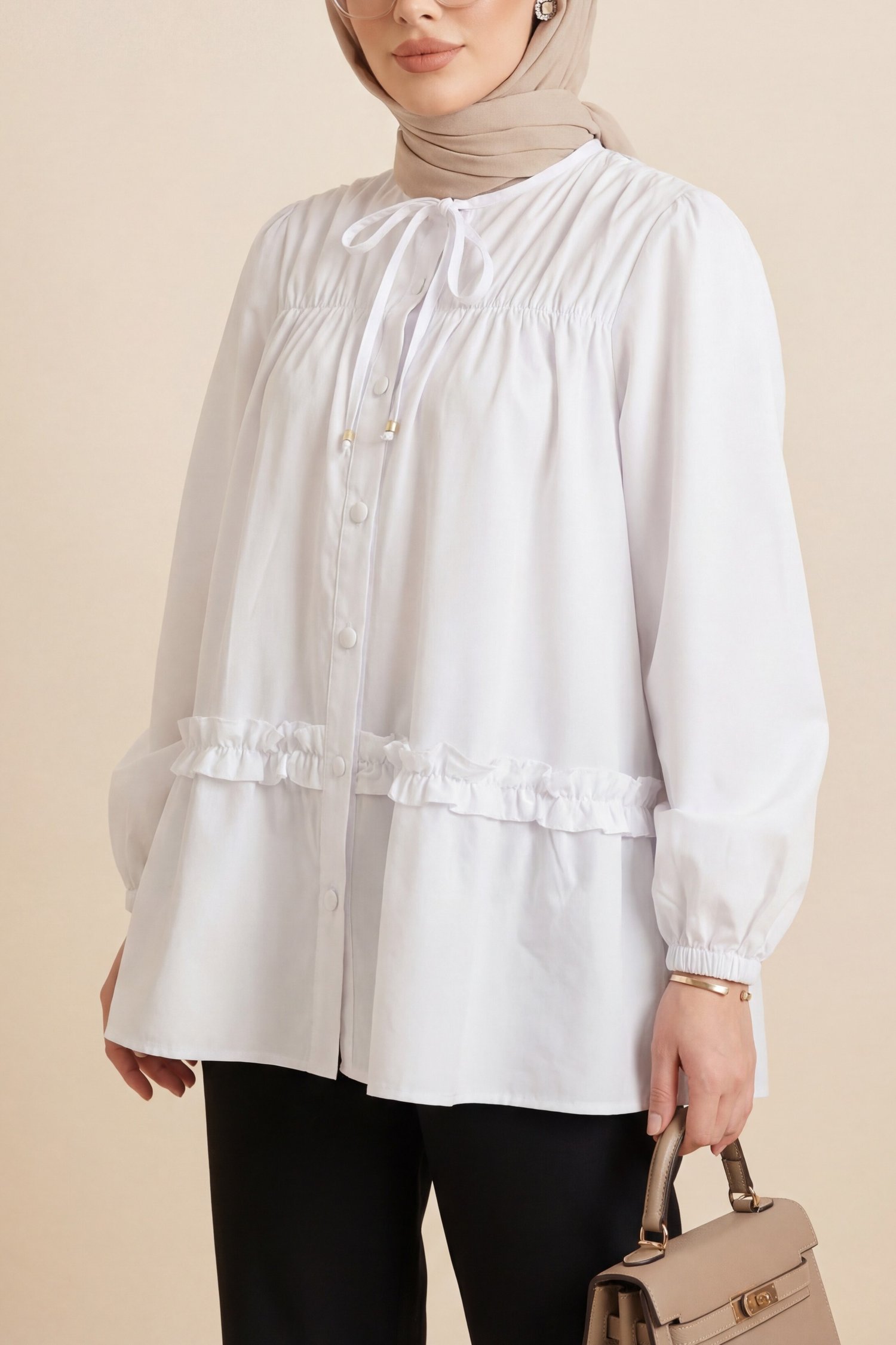Robadan Lastikli Eteği Fırfırlı Düğmeli Poplin Tunik -Beyaz