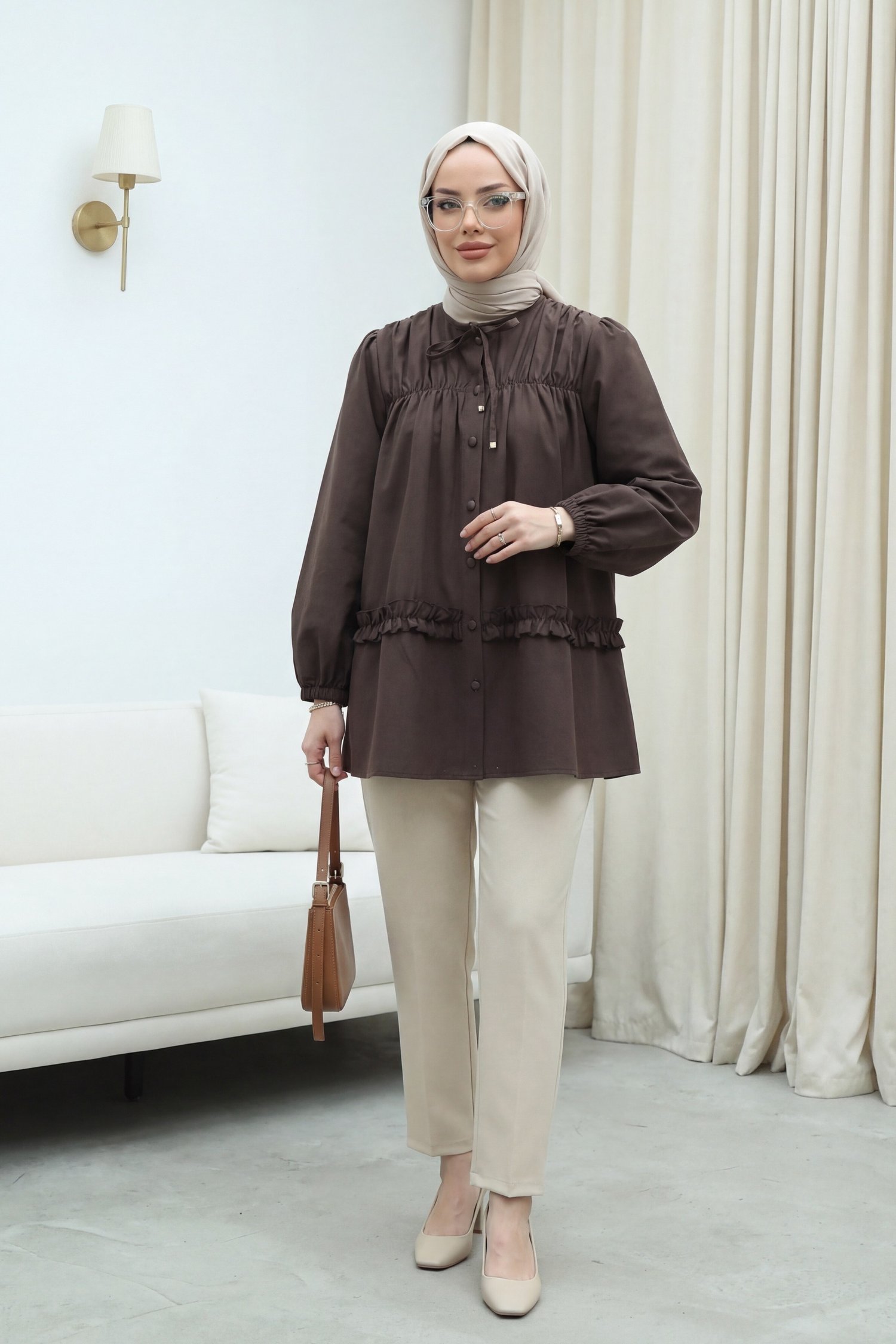 Robadan Lastikli Eteği Fırfırlı Düğmeli Poplin Tunik -K. Kahve