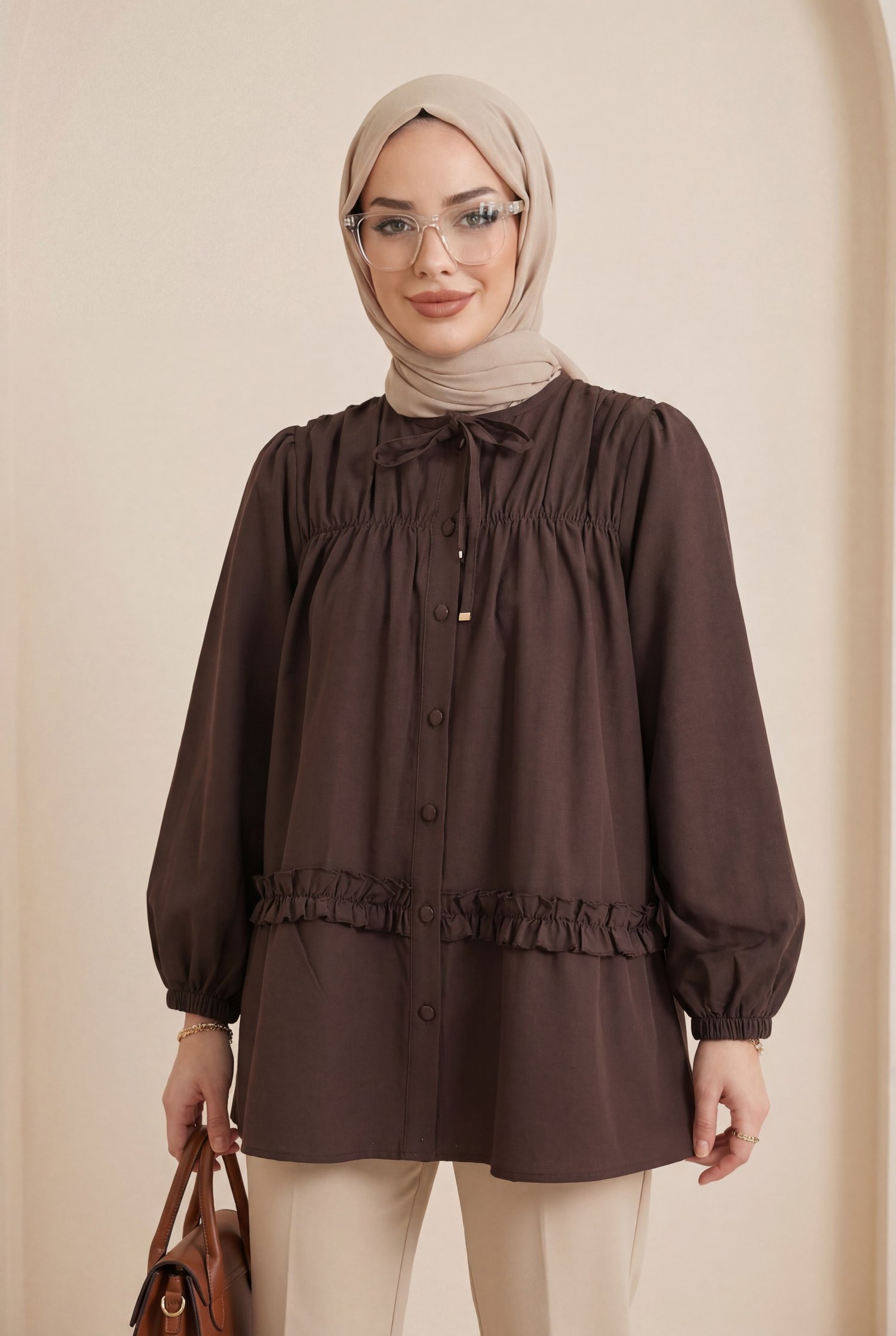 Robadan Lastikli Eteği Fırfırlı Düğmeli Poplin Tunik -K. Kahve