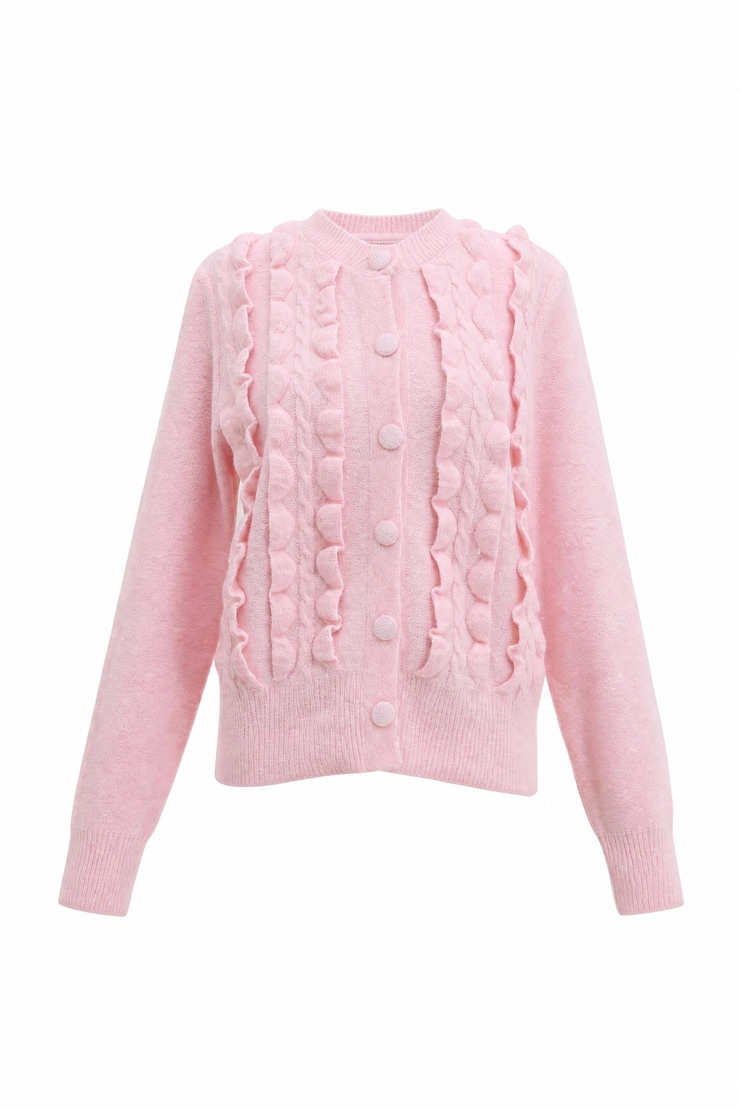 Saç Örgülü Fırfırlı Düğmeli Triko Hırka -Pembe