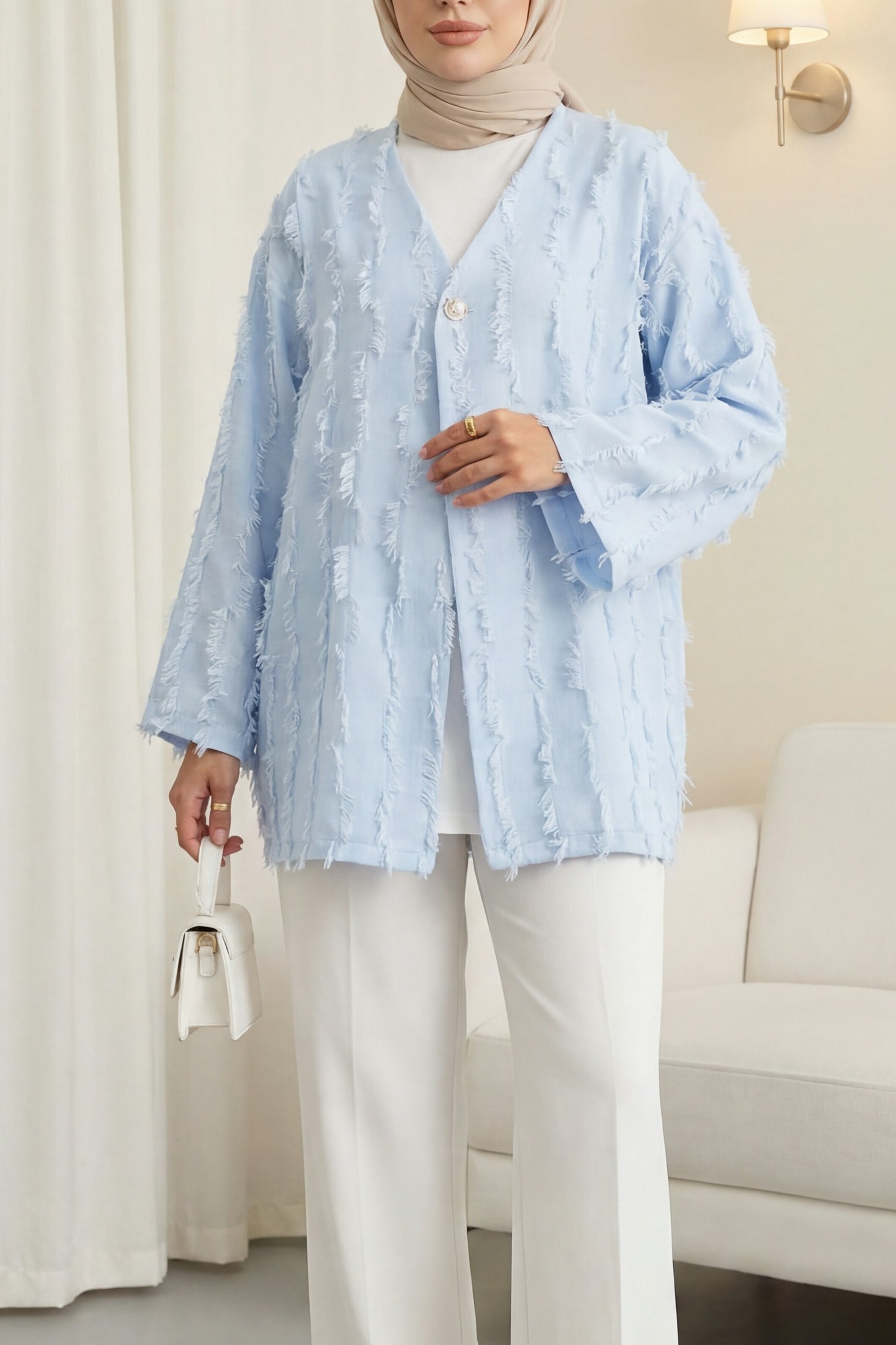 Saçaklı Tek Düğmeli Kare Desenli Kimono -Bebe Mavi