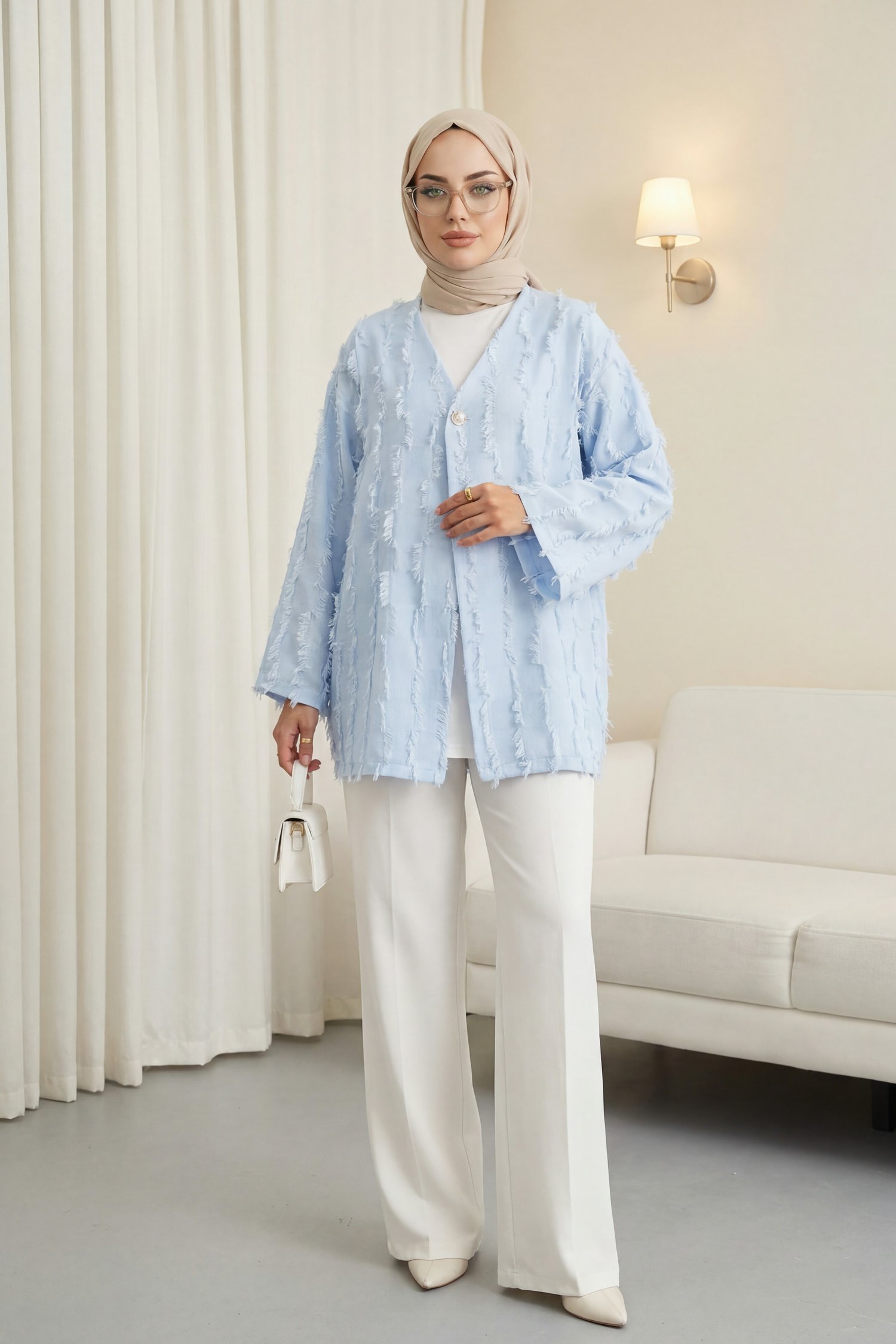 Saçaklı Tek Düğmeli Kare Desenli Kimono -Bebe Mavi