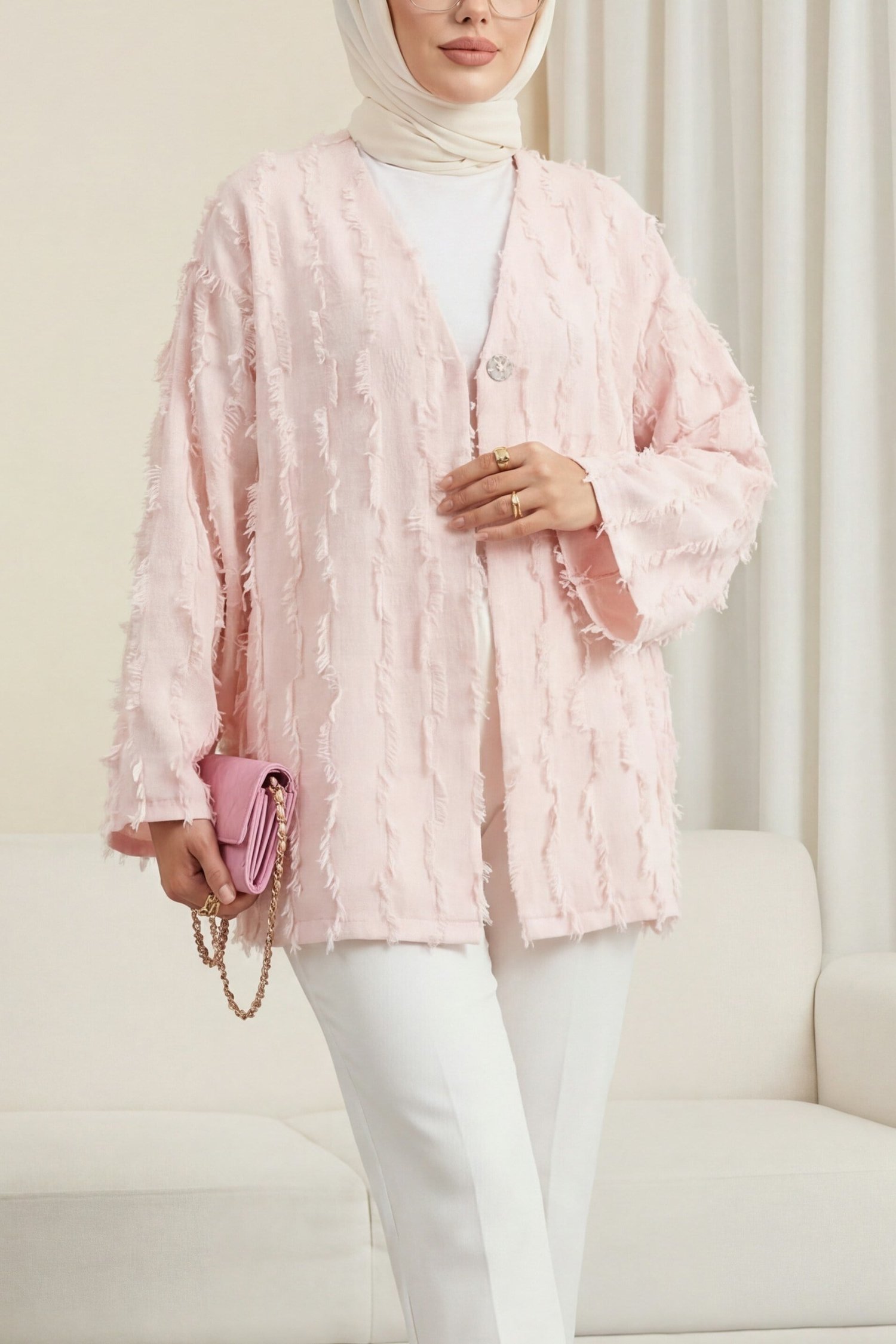 Saçaklı Tek Düğmeli Kare Desenli Kimono -Pudra