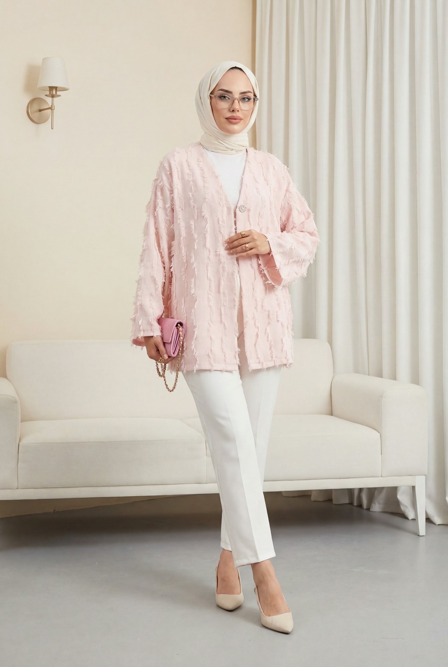 Saçaklı Tek Düğmeli Kare Desenli Kimono -Pudra