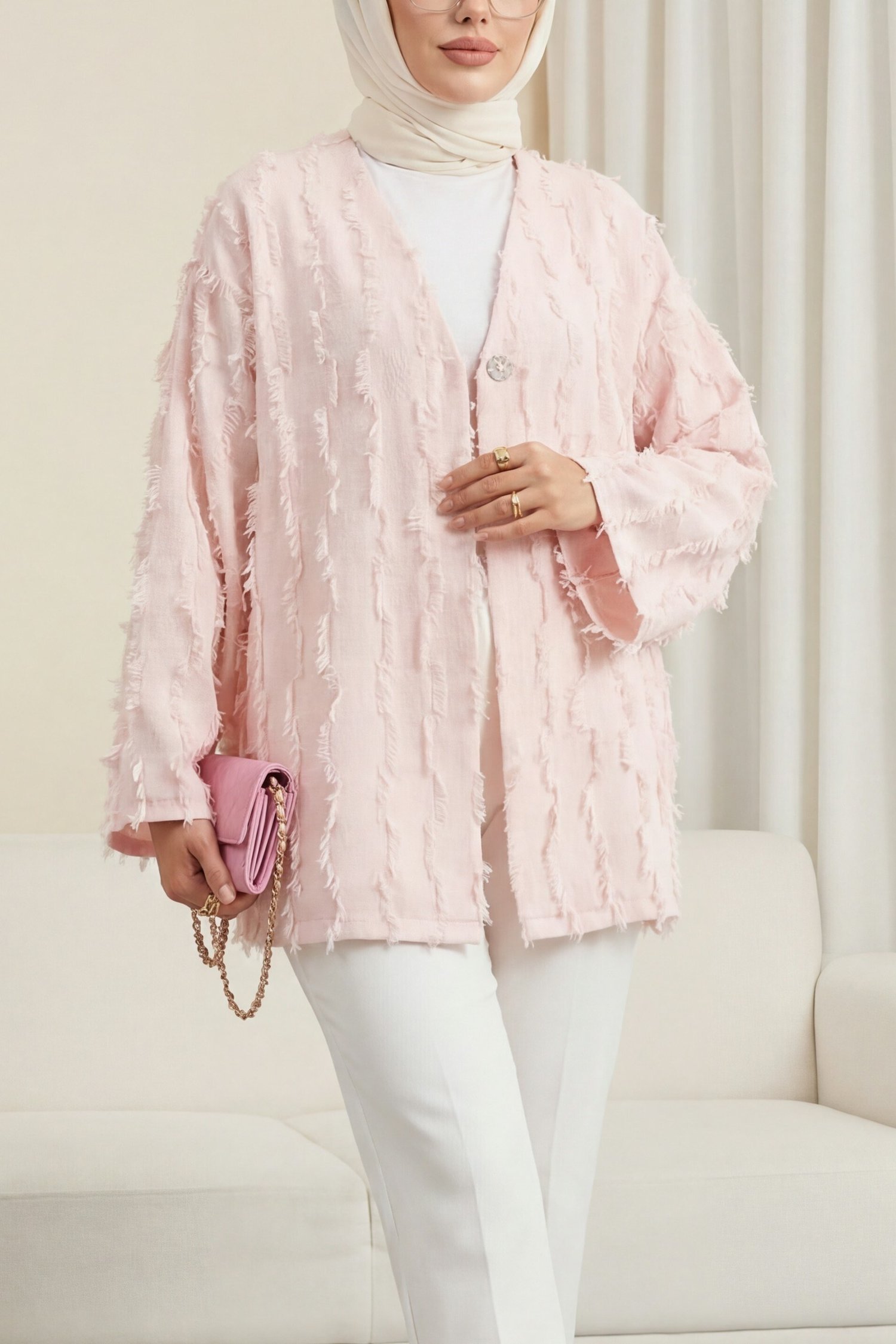 Saçaklı Tek Düğmeli Kare Desenli Kimono -Pudra