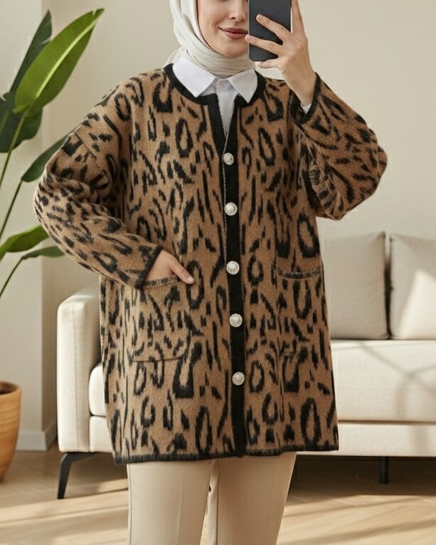 Şardonlu Leopar Desenli Yumoş Triko Hırka -Vizon