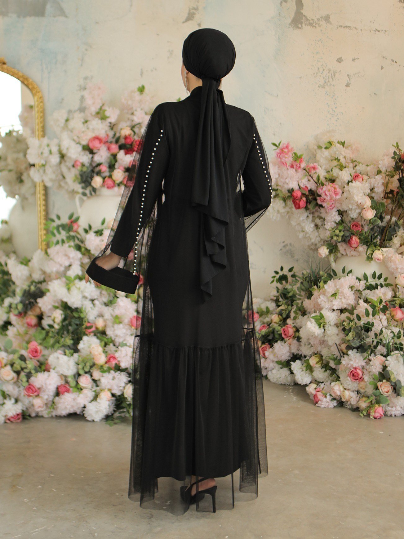 Şerit İncili Beli Bağcıklı İkili Abaya  -Siyah