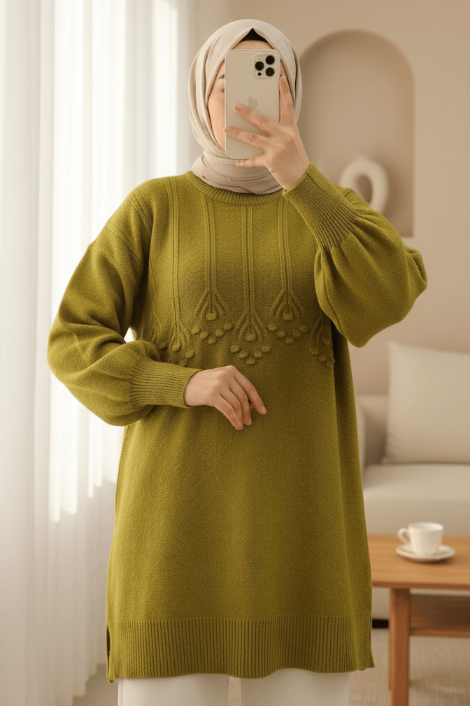 Şerit Ve Ponpon Detaylı Yuvarlak Yaka Yumoş Triko Tunik -Yağ Yeşili