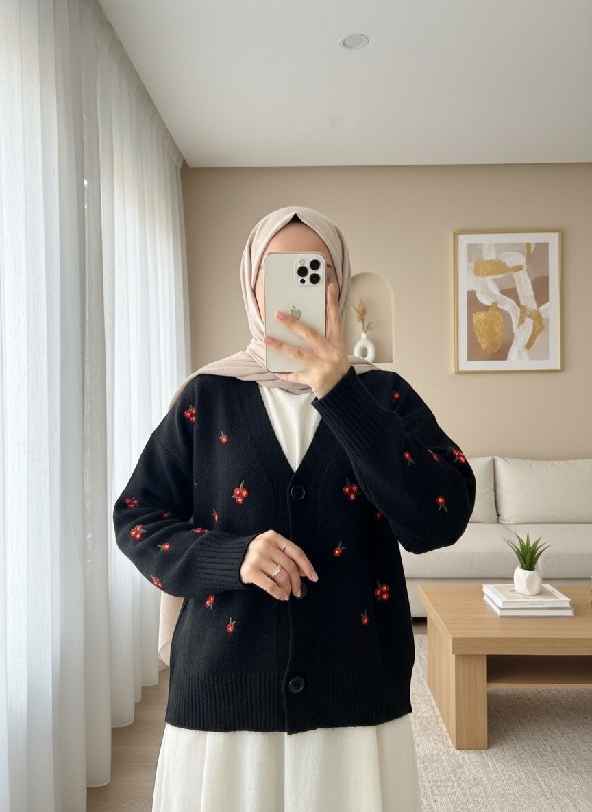 Serpme Çiçek Nakışlı Triko Hırka -Siyah