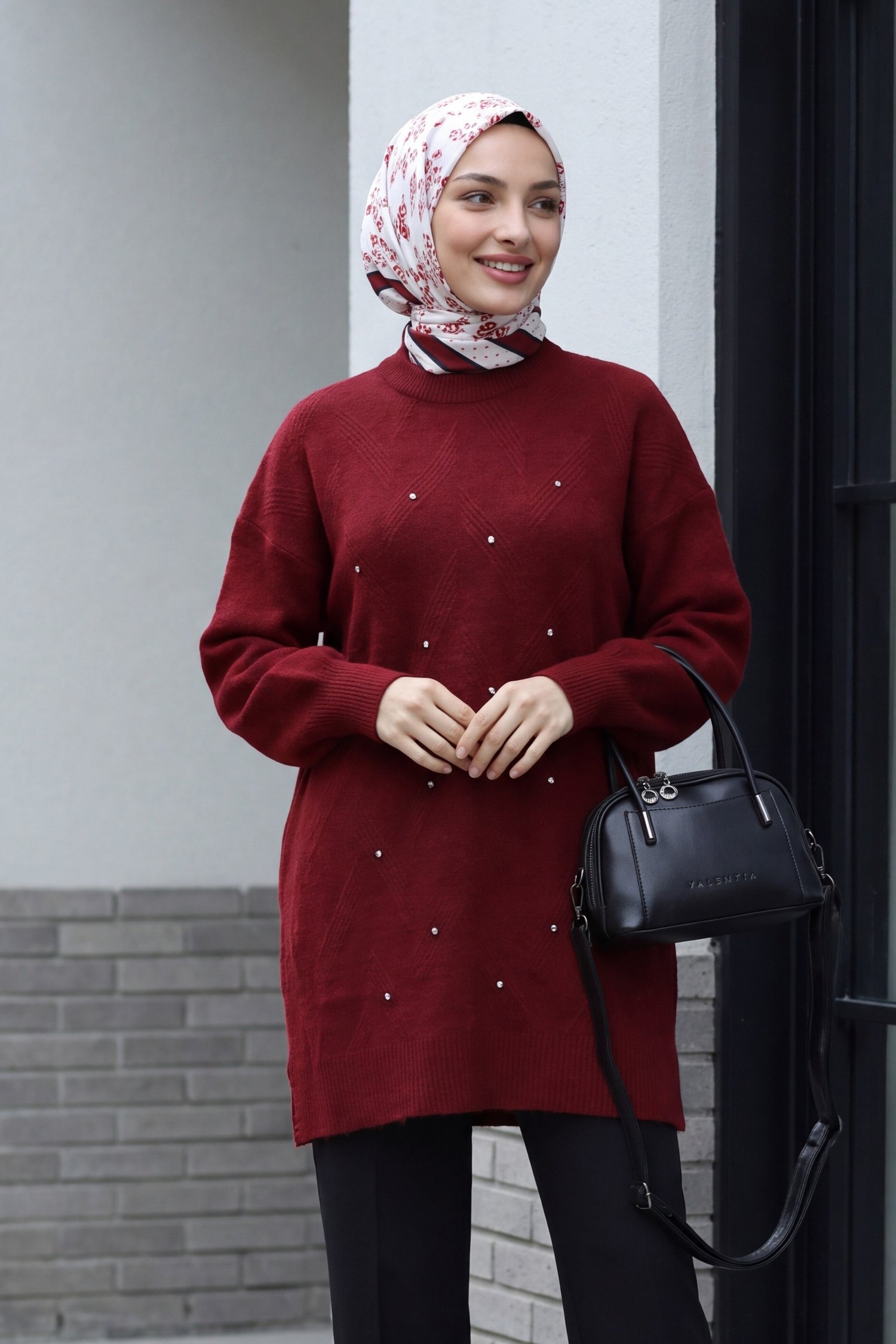 Serpme İncili Balon Kol Salaş Triko Tunik -Bordo