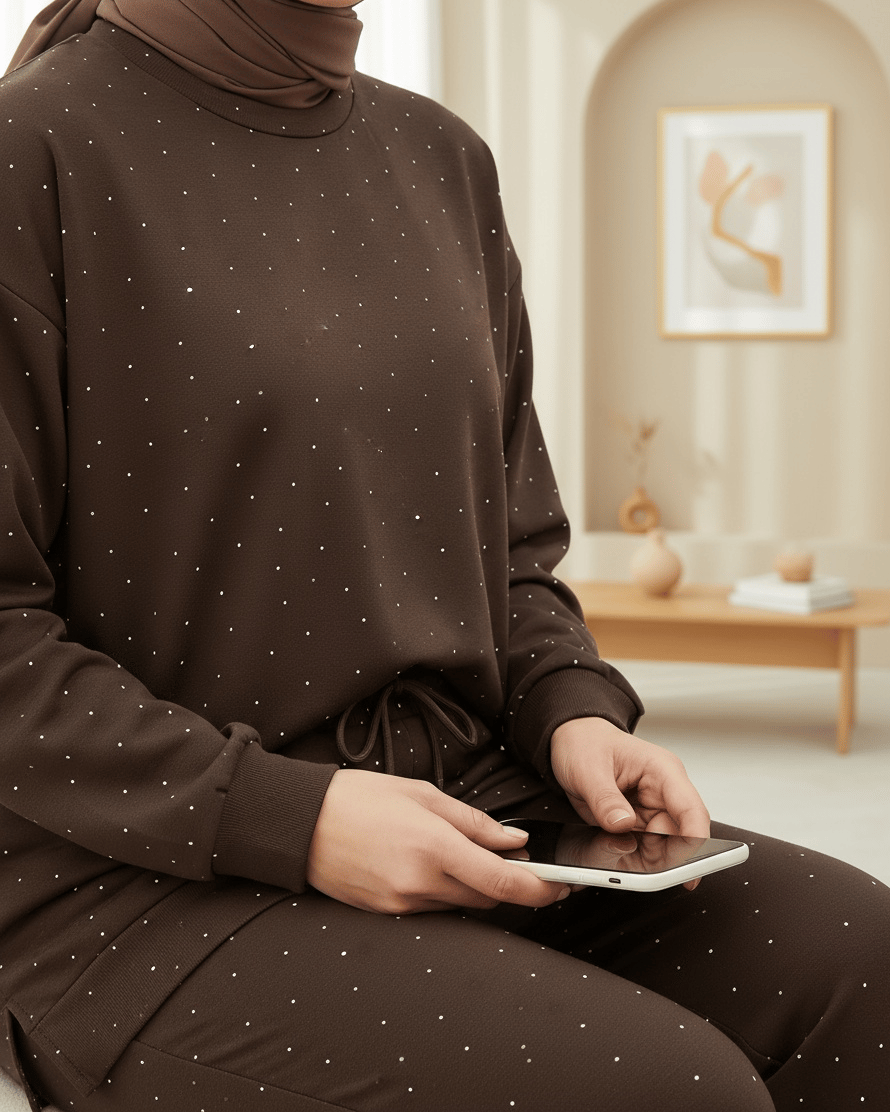 Serpme Taş Detaylı Pantolonlu Oysho Takım  -Kahve