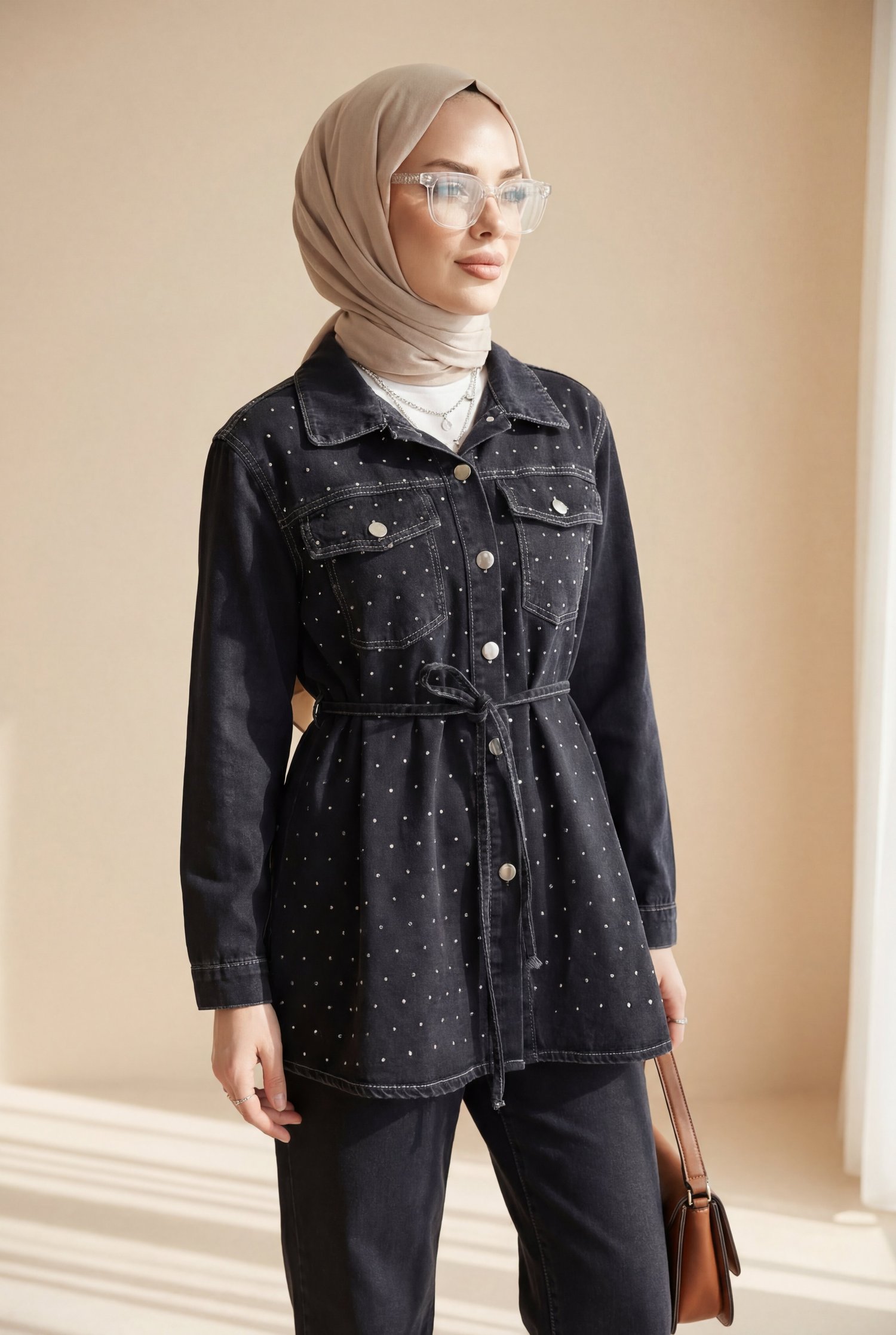 Serpme Taşlı Düğmeli Ceket Pantolon Kot Takım  -Siyah