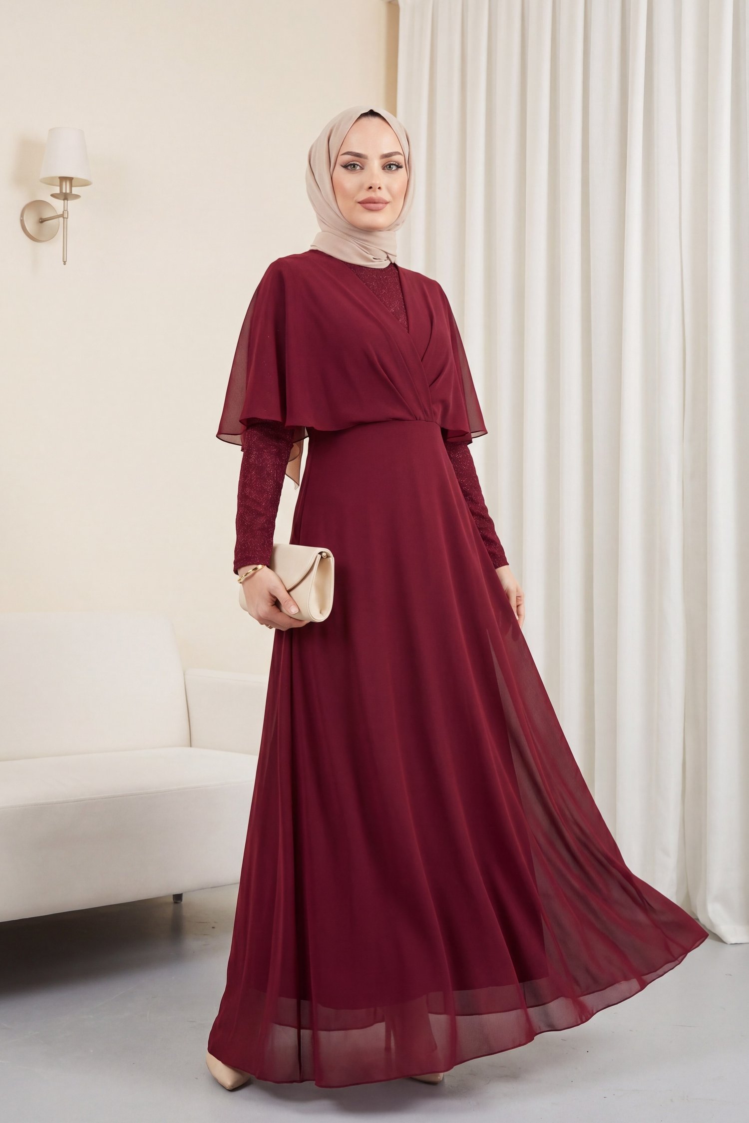 Simli Şifon Uzun Abiye  -Bordo