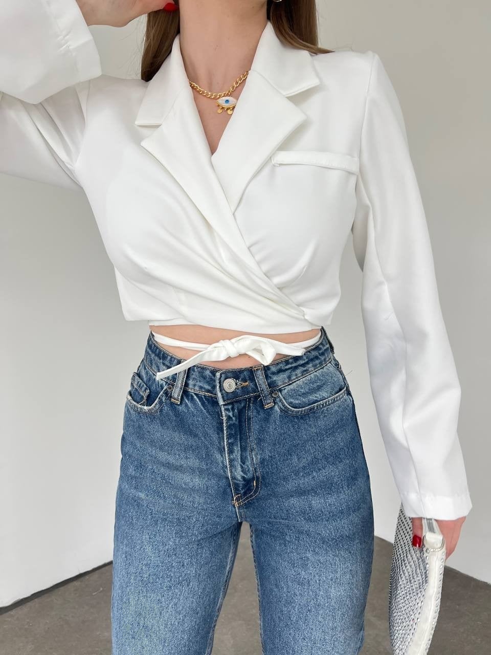 Sırt Dekolteli Beli Bağcıklı Crop Ceket -Beyaz