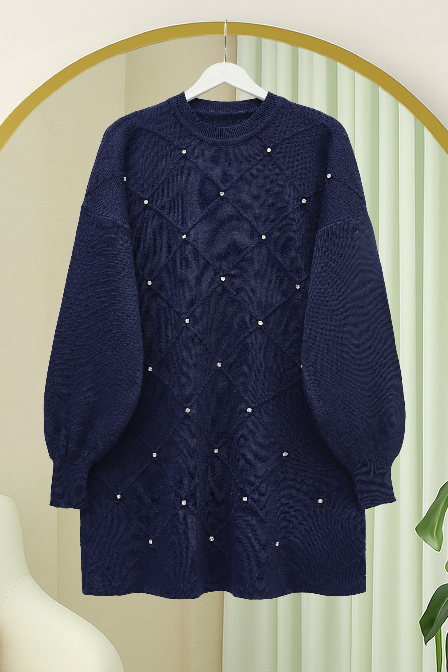 Taş Detaylı Kare Desenli Triko Tunik -Laci