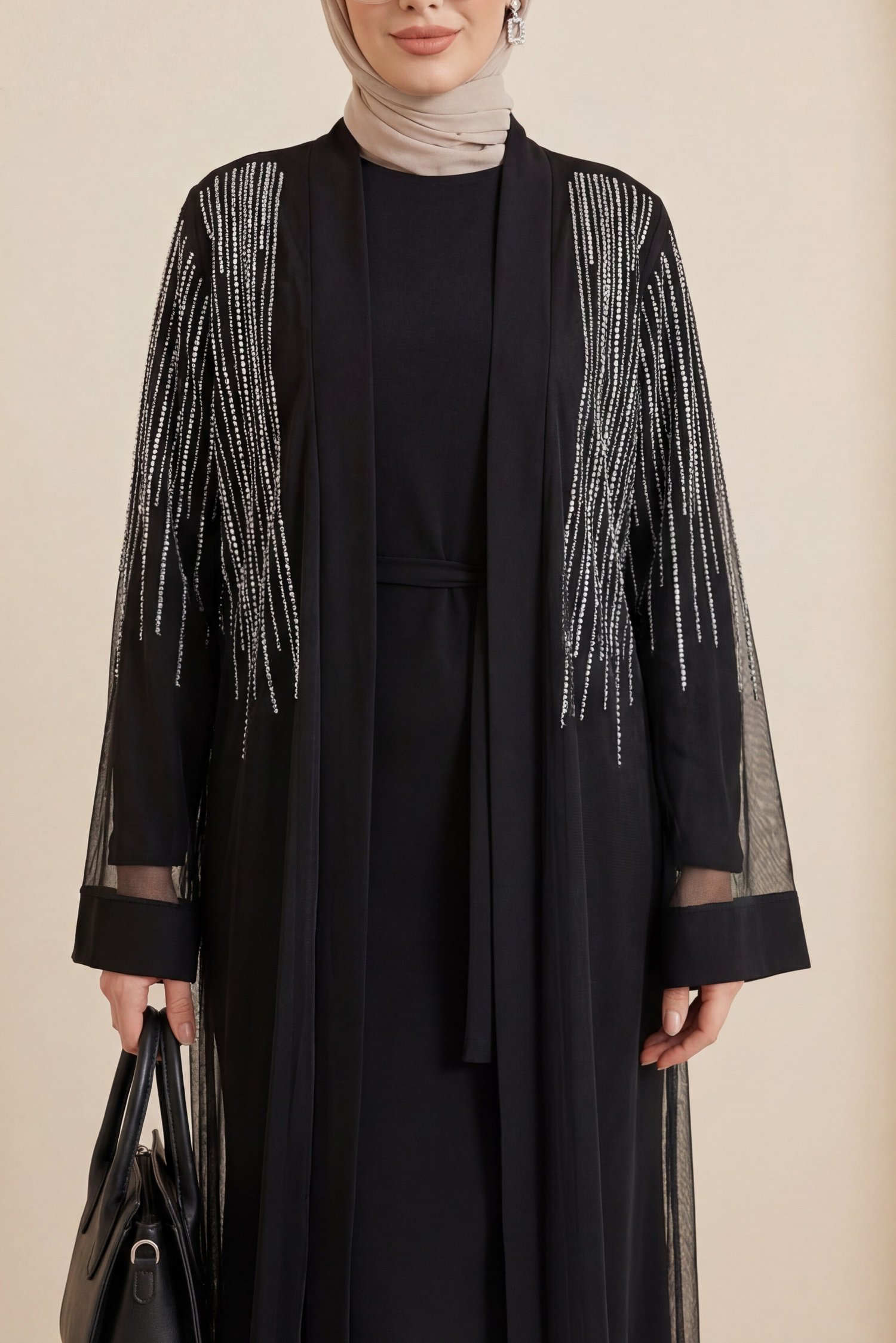 Taş Detaylı Kuşaklı İkili Abaya Takım -Siyah