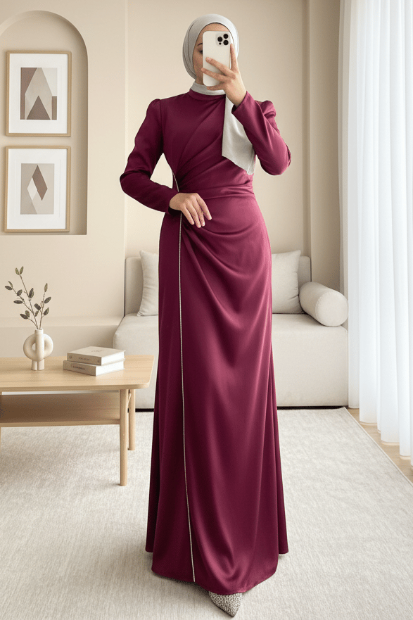 Taş Şeritli Beli Drapeli Saten Abiye -Bordo