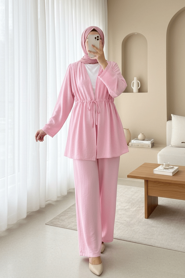 Taşlı Bol Paça Pantolonlu Tünel Bağcıklı Kimono Takım -Pembe