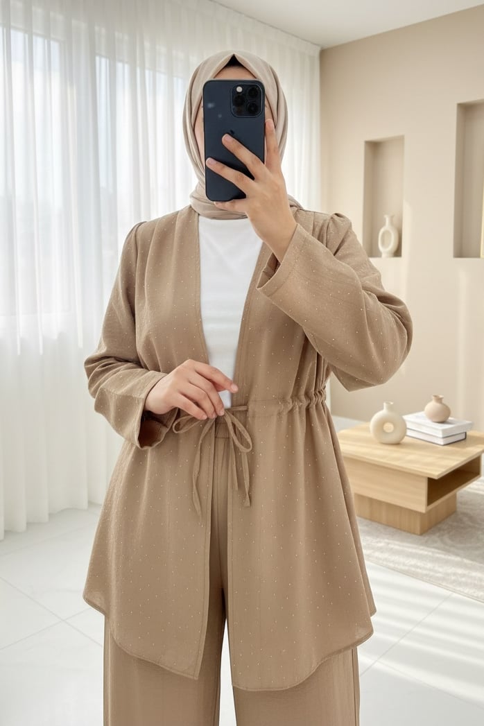 Taşlı Bol Paça Pantolonlu Tünel Bağcıklı Kimono Takım -Vizon