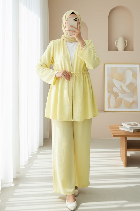 Taşlı Bol Paça Pantolonlu Tünel Bağcıklı Kimono Takım -Sarı