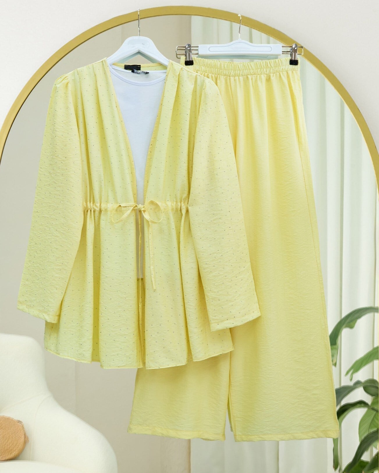 Taşlı Bol Paça Pantolonlu Tünel Bağcıklı Kimono Takım -Sarı