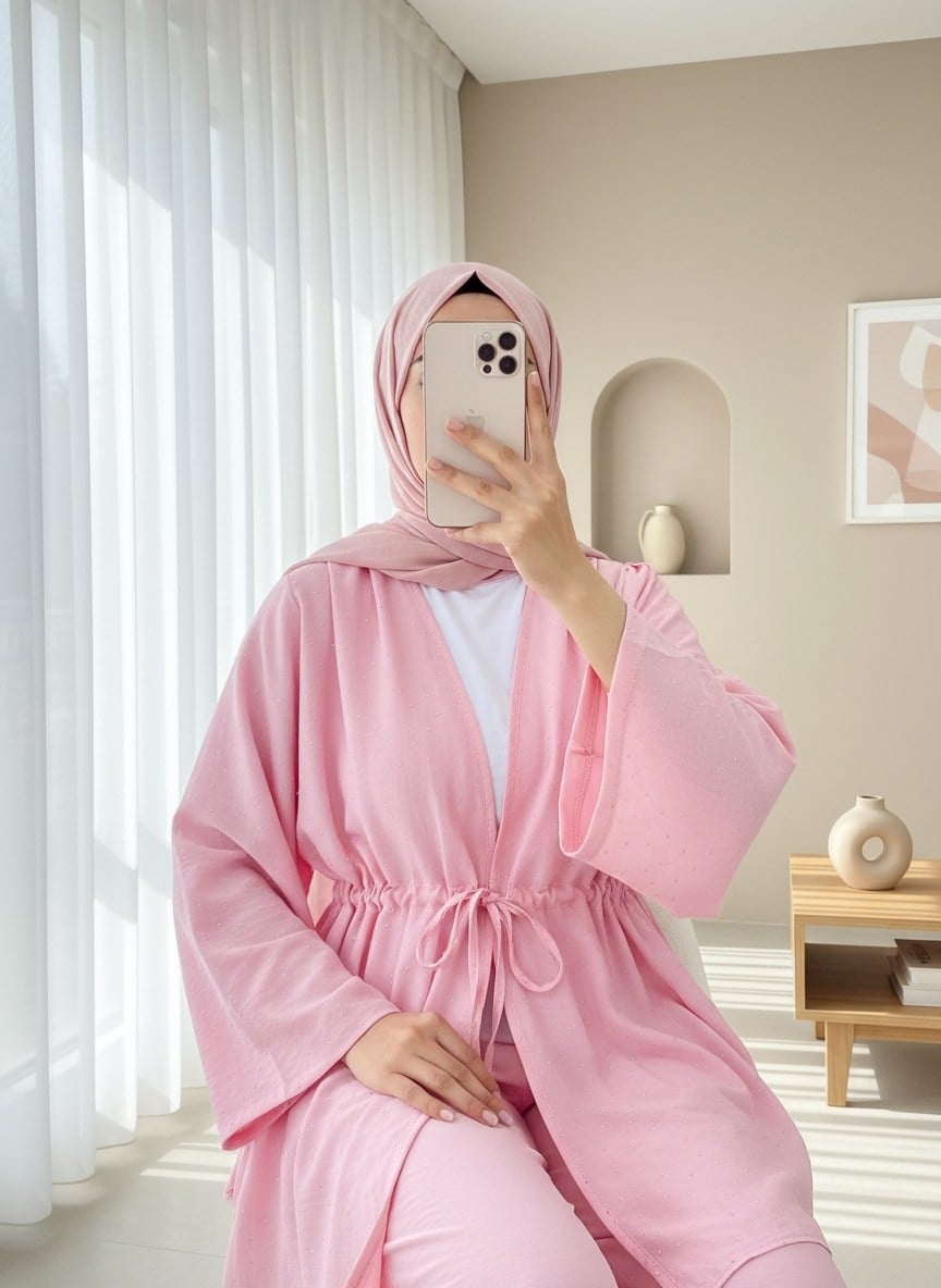 Taşlı Bol Paça Pantolonlu Tünel Bağcıklı Kimono Takım -Pembe