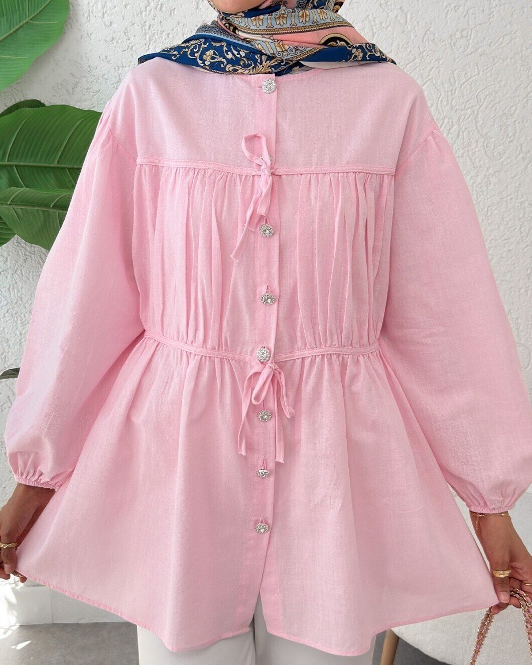 Taşlı Düğmeli Kolu Lastikli Bağlama Detaylı Gömlek  -Pembe