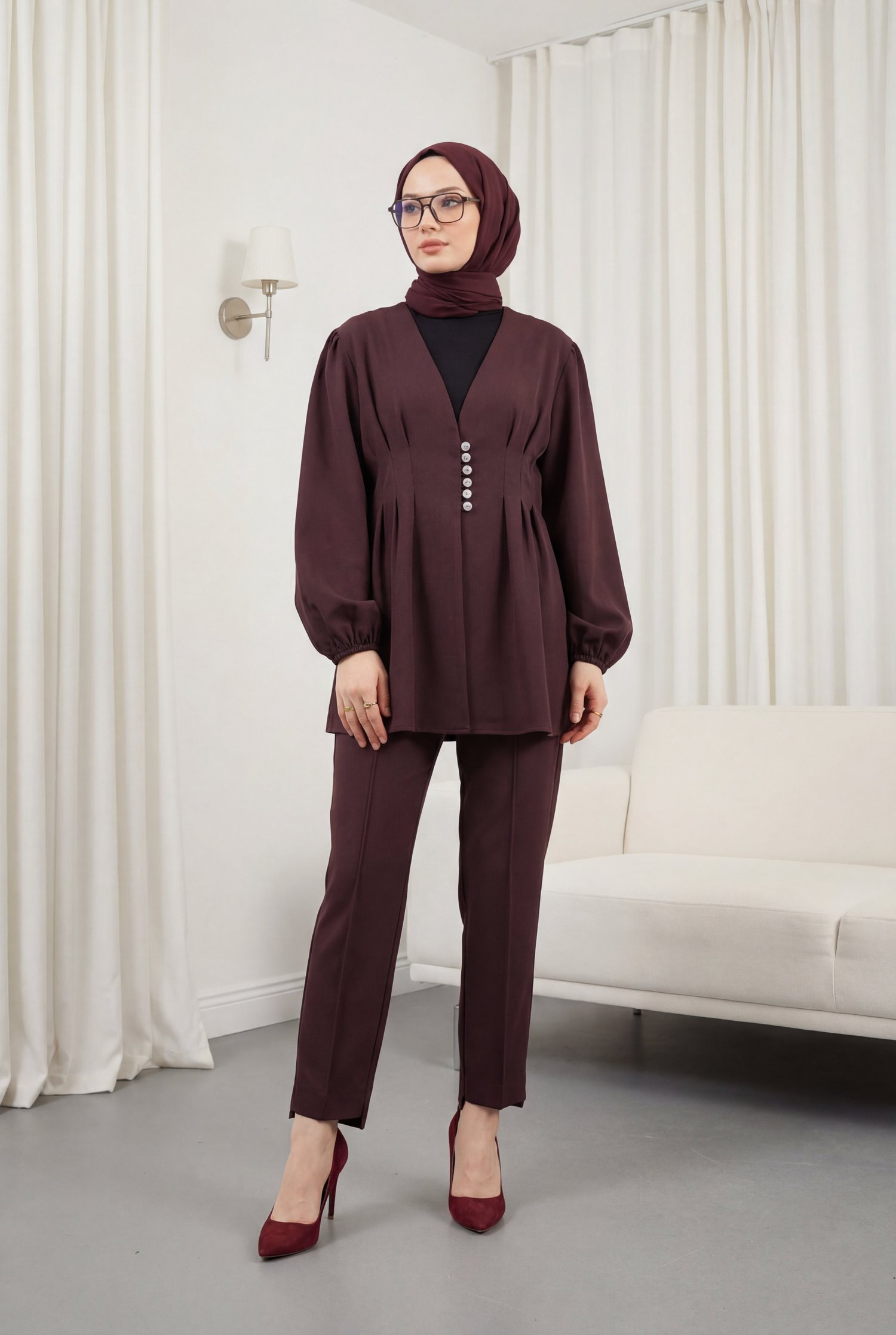 Taşlı Düğmeli Kolu Lastikli Double Pantolonlu Takım  -Koyu Bordo