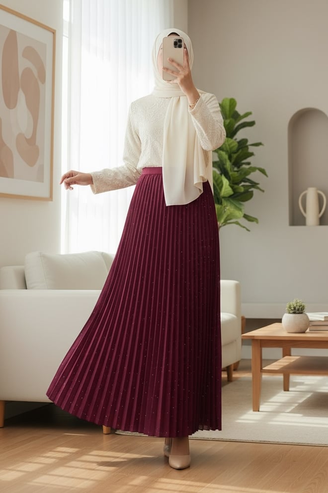 Taşlı Pliseli  Etek -Bordo