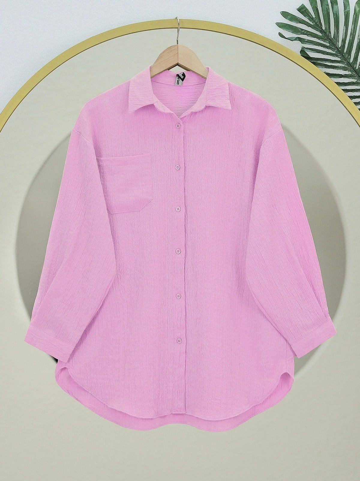 Tek Cepli Düğmeli Yakalı Krinkıl Gömlek  -Pembe