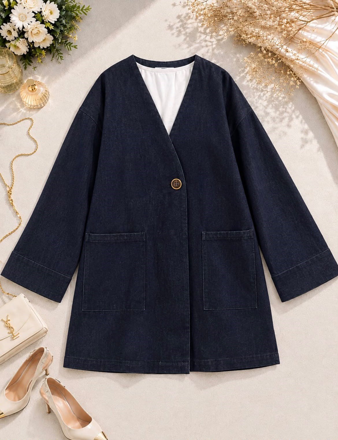 Tek Düğme Detaylı Cepli Tensel Kot Kimono - Laci