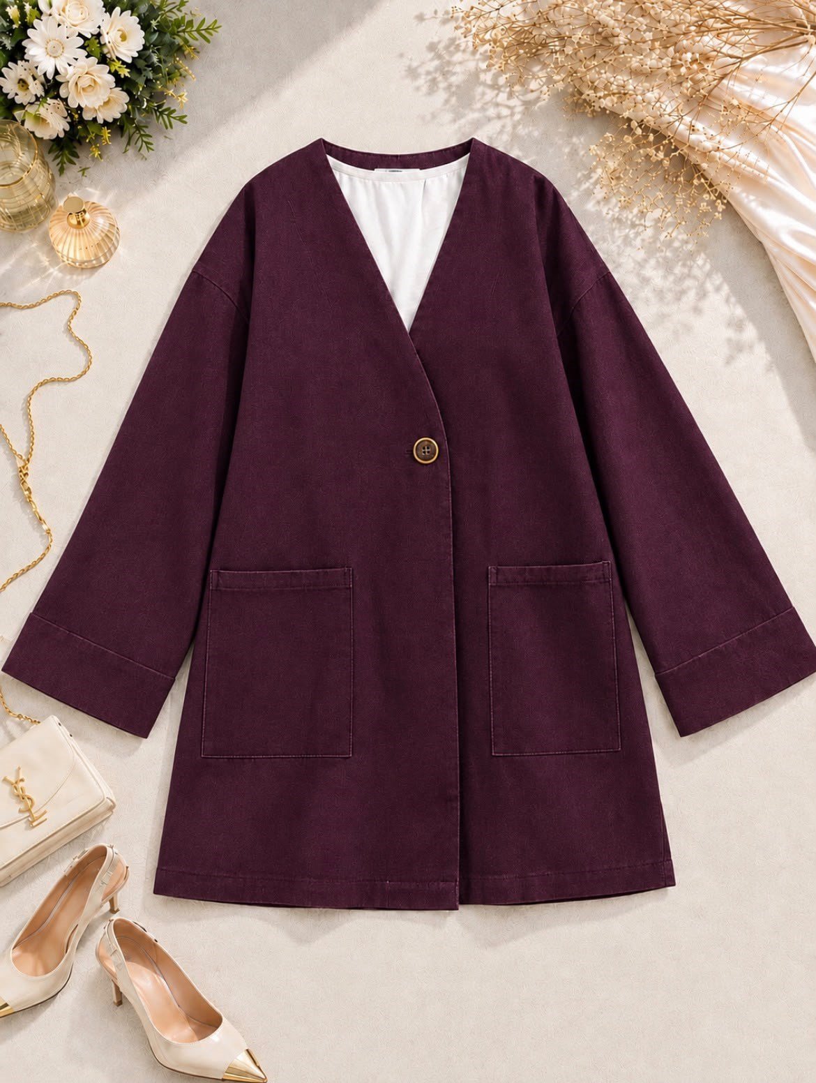 Tek Düğme Detaylı Cepli Tensel Kot Kimono - Bordo