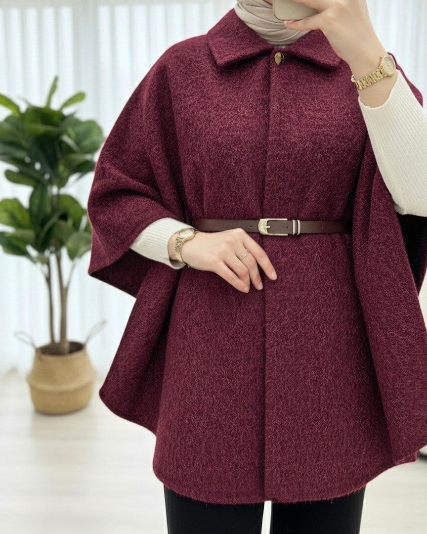 Tek Düğmeli  Beli Kemerli  Sakallı Panço    -Bordo