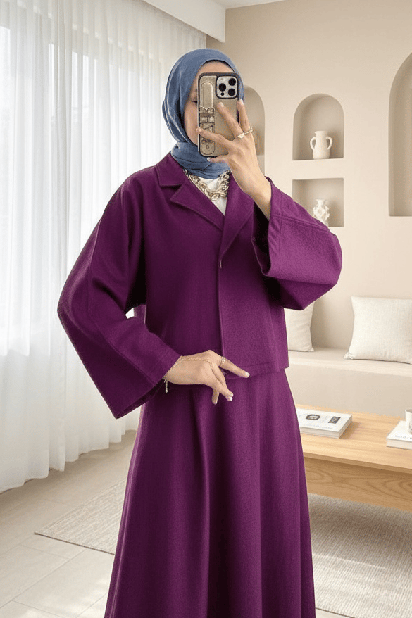 Tek Düğmeli Etekli Keçe Takım -Mürdüm