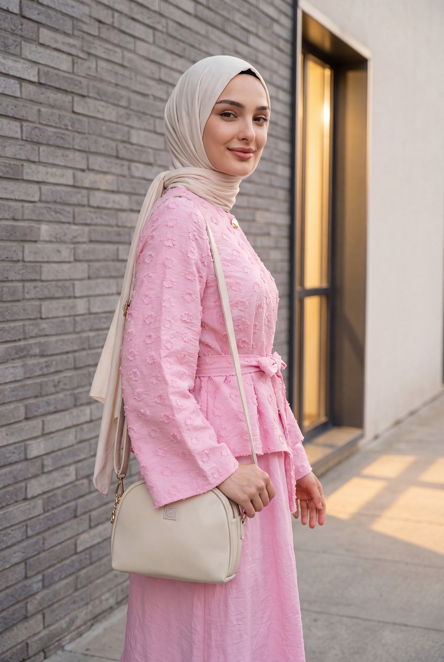 Tek Düğmeli Kemerli Eteği Cepli Kabartma Desenli Jakar Takım   -Pembe