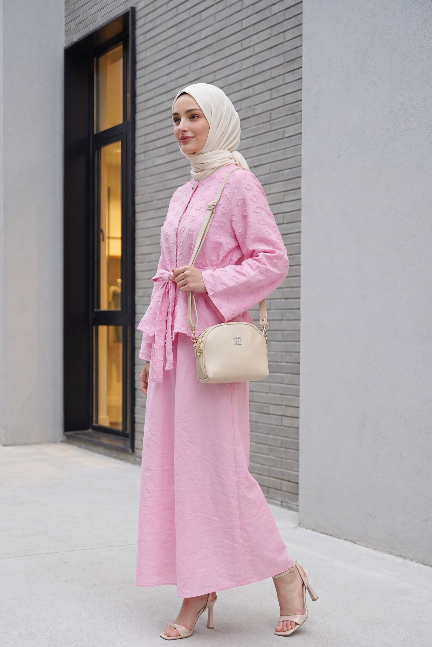 Tek Düğmeli Kemerli Eteği Cepli Kabartma Desenli Jakar Takım   -Pembe