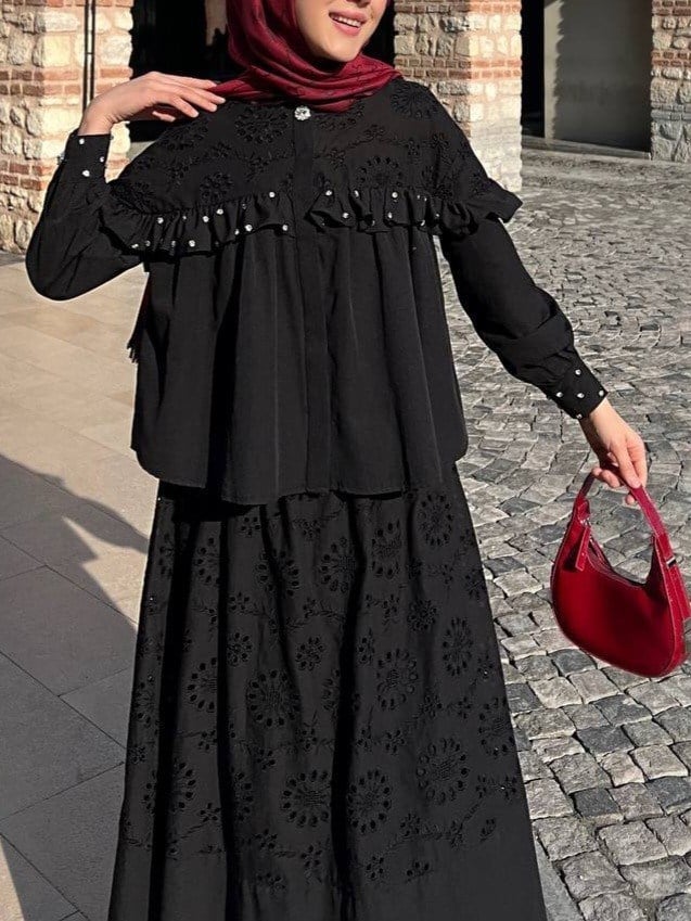 Tek Düğmeli Önü Fırfırlı Taşlı Etekli Takım  -Siyah