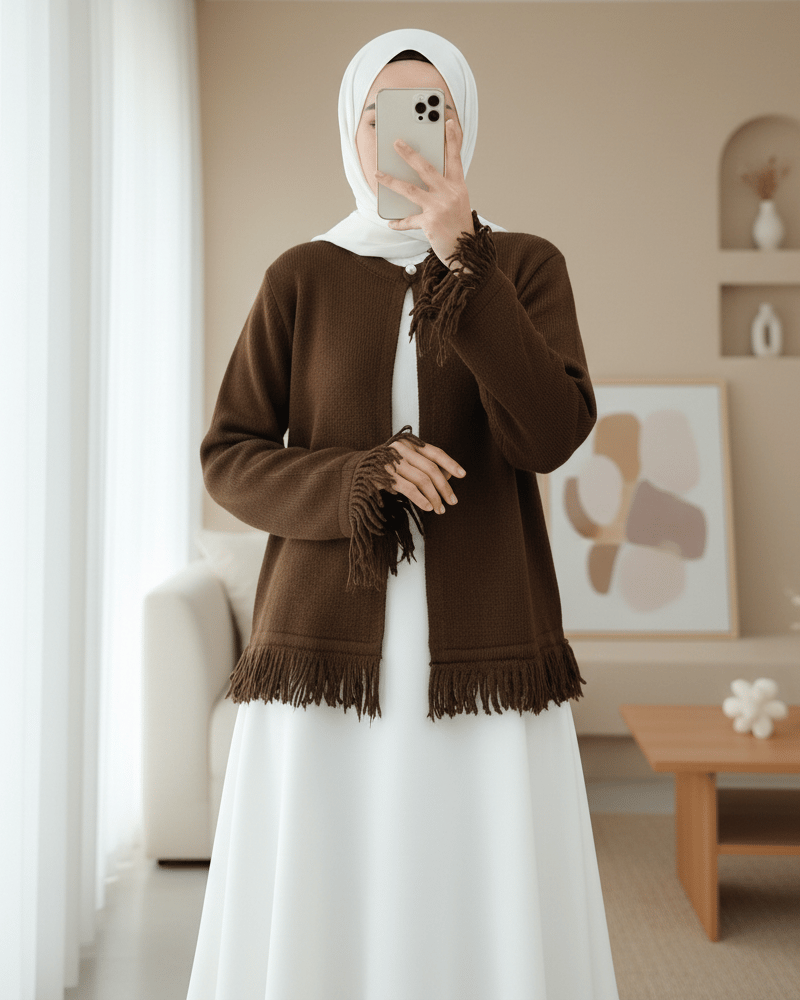 Tek Düğmeli Saçaklı Yumoş Triko Hırka   -Kahve